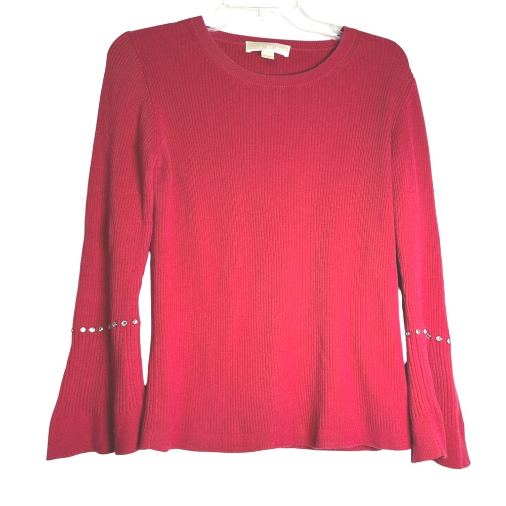Michael Kors Red Ribbed Bell Sleeve Sweater Rhinestone Embellished, BOHO‎ Size L